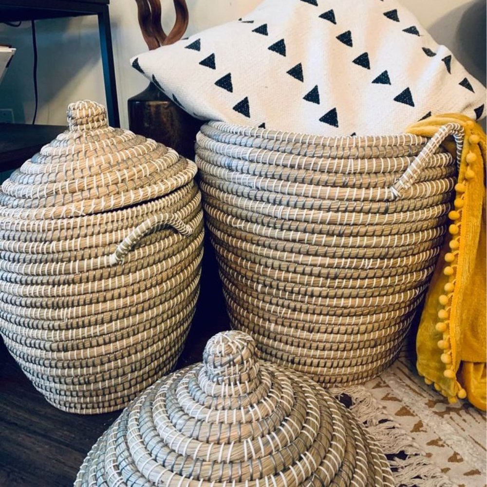 XL Boho African Style Seagrass Basket With Lid